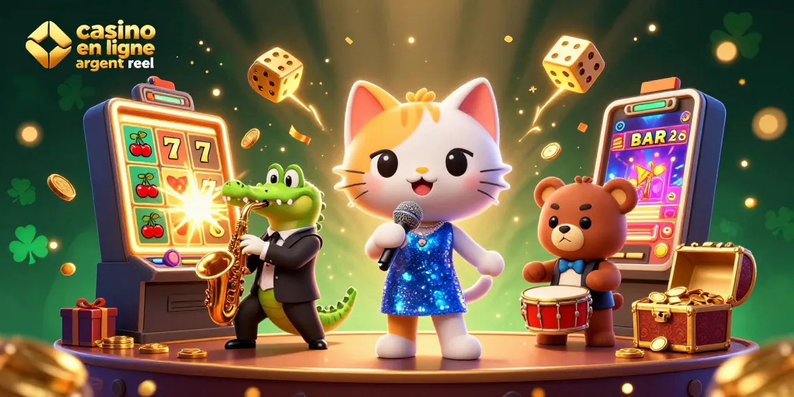 Jouez au casino en ligne argent réel avec un chat chanteur et ses amis dans une scène animée.