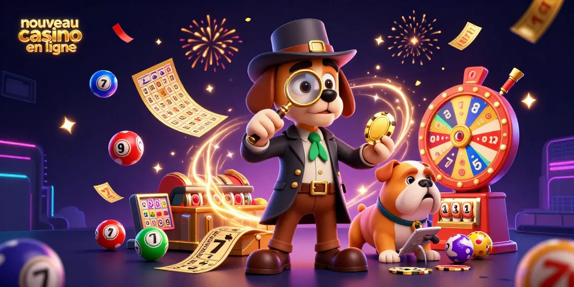 Illustration dynamique représentant un nouveau casino en ligne avec un détective et un bulldog, entourés de balles de loterie colorées.