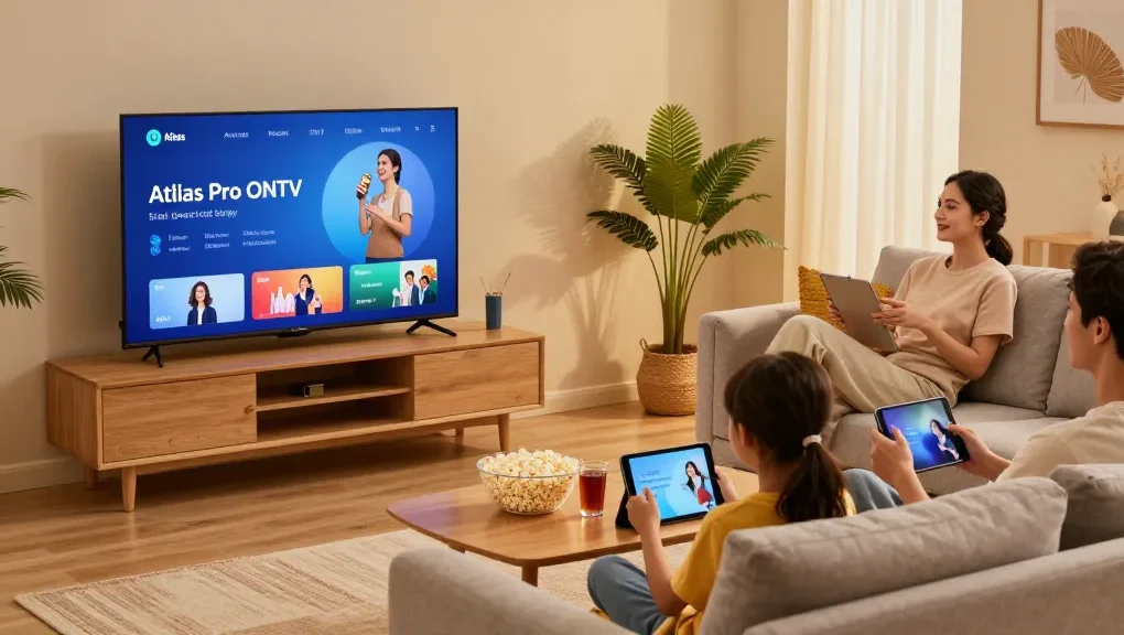 Famille profitant d'Atlas Pro ONTV pour streaming, ambiance chaleureuse.