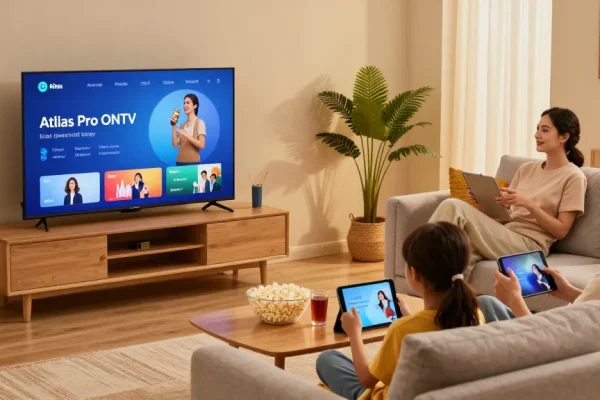 Famille profitant d'Atlas Pro ONTV pour streaming, ambiance chaleureuse.