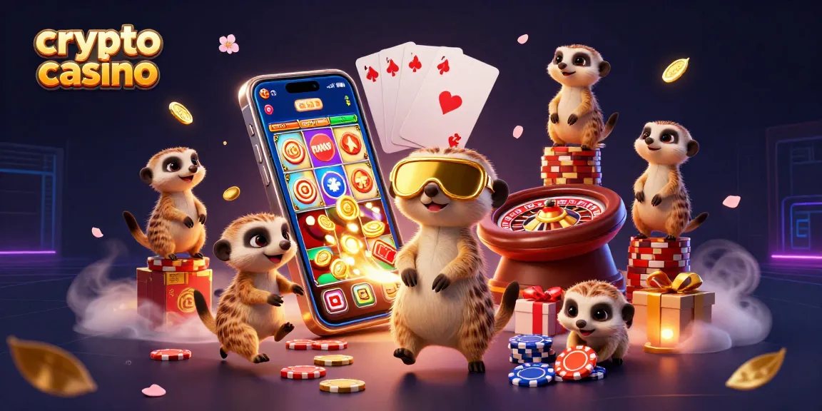 Les meerkats gèrent un casino crypto animé avec une ambiance festive et des éléments de jeux de hasard.