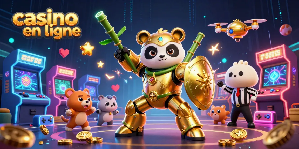 Plonger dans l'univers du casino en ligne avec un panda doré en armure, pilotant un robot dans une arène animée.