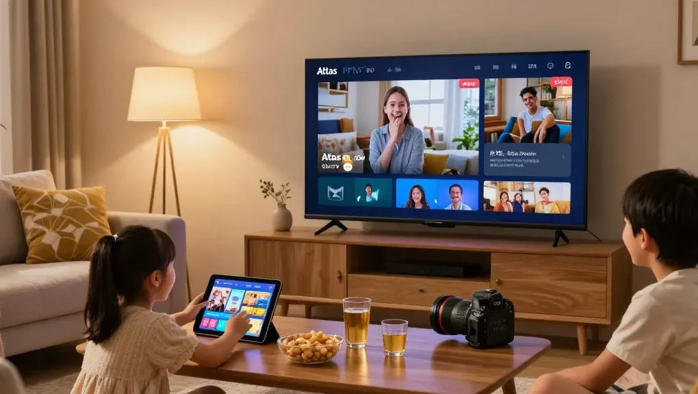 Vue d'une famille profitant d'Atlas pro ontv dans leur salon chaleureux.