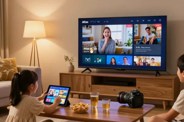 Vue d'une famille profitant d'Atlas pro ontv dans leur salon chaleureux.