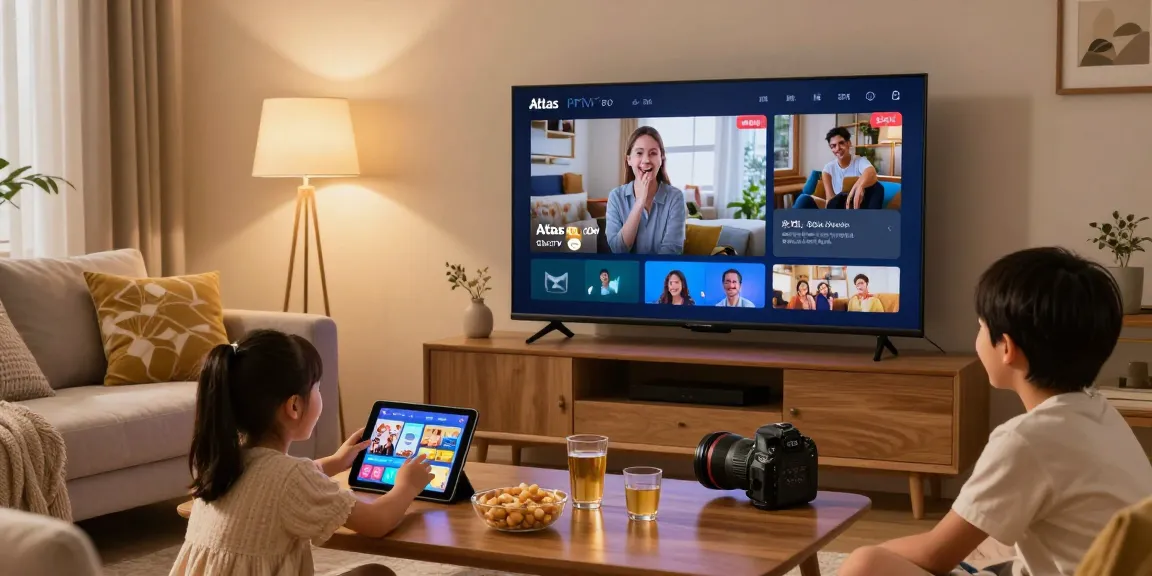 Vue d'une famille profitant d'Atlas pro ontv dans leur salon chaleureux.