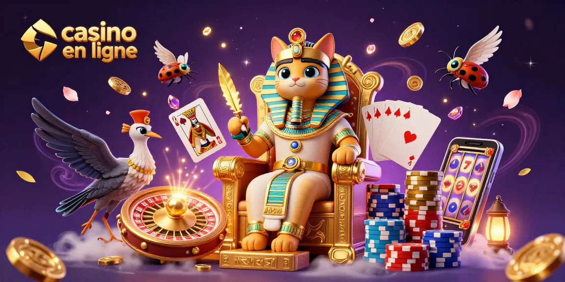 Découvrez les jeux de casino en ligne avec un chat pharaon et un ibis, entourés de pièces d'or.