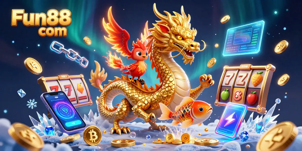 Experience the thrill of Fun88 com with stunning 3D dragon and phoenix amidst slot gems.