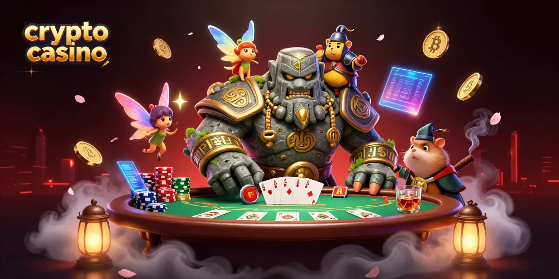 Illustration dynamique d'un crypto casino avec un golem, une fée et un hamster chevalier.