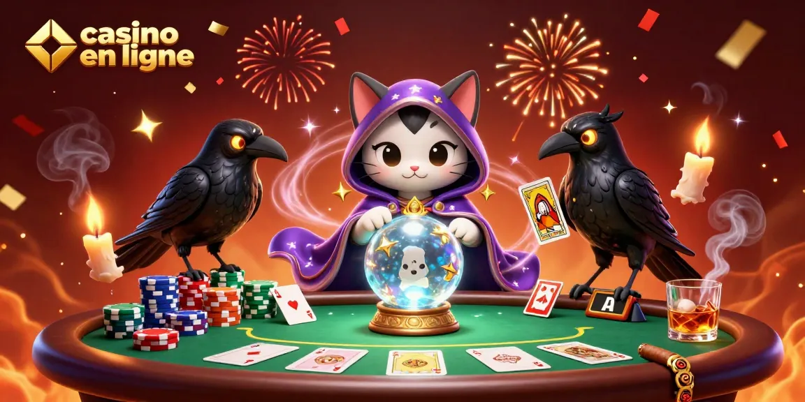Profitez des jeux passionnants de casino en ligne avec un chat mystique et un corbeau des cartes.