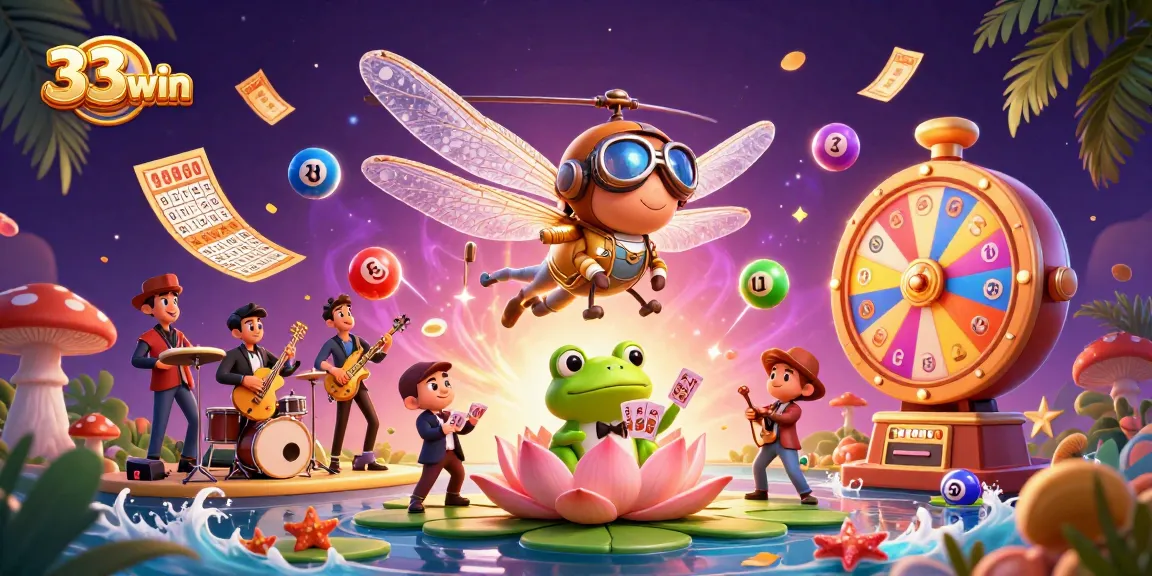 Experience the vibrant 33win casino scene with a dragonfly pilot, frog dealer, and jazz musicians.
