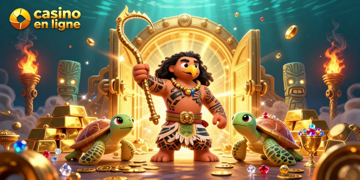Plongez dans l'univers de casino en ligne avec une scène dynamique et enchantée, réunissant un dieu Maui en tatouages tribaux et une tortue mignonne.