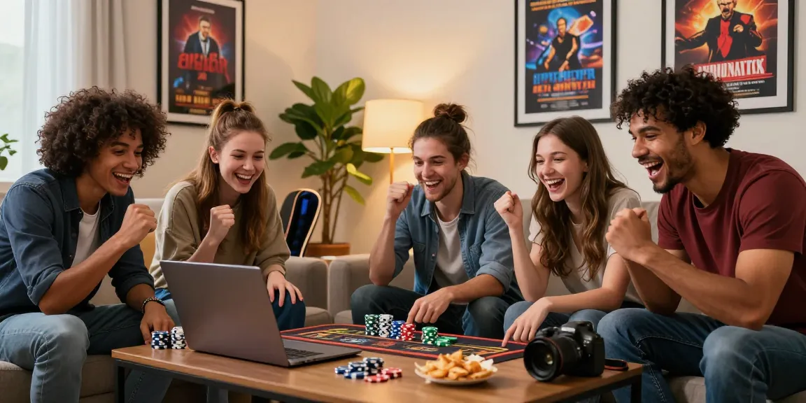 Un groupe d'amis jouant ensemble au casino en ligne, ambiance conviviale et excitante.