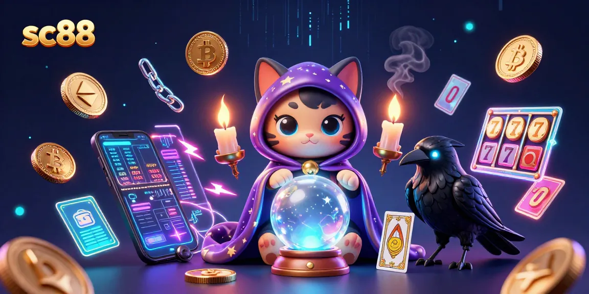 Spin the reels with sc88's mystical cat fortune teller and tarot-card raven in a thrilling casino scene.