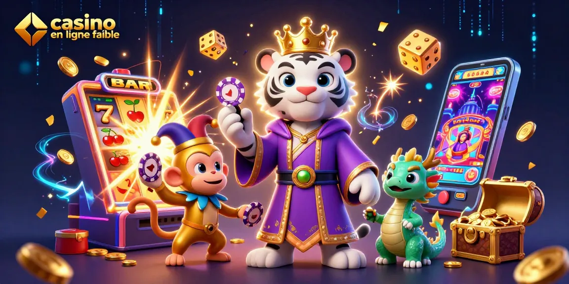 Jouez dans un casino en ligne fiable avec un tigre majestueux, un singe jongleur et un dragon jade, entourés de machines à sous.