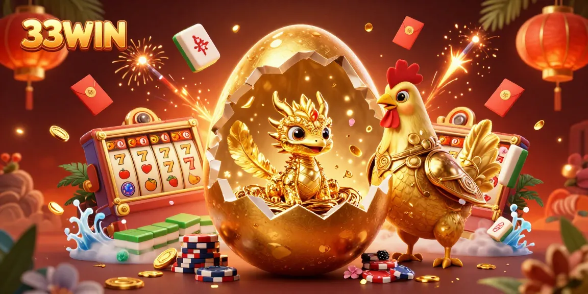 Experience thrilling wins at 33WIN with golden dragons, poker chips, and exciting slot games!