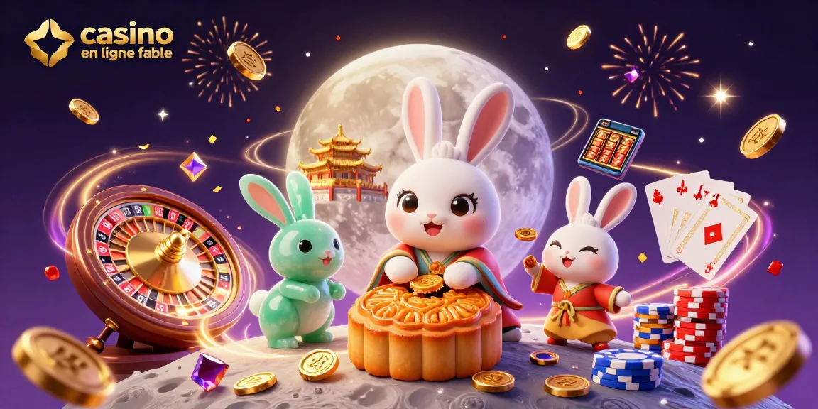 Une scène dynamique de jeu montrant le casino en ligne fiable, avec un lapin de lune et des jetons de poker.