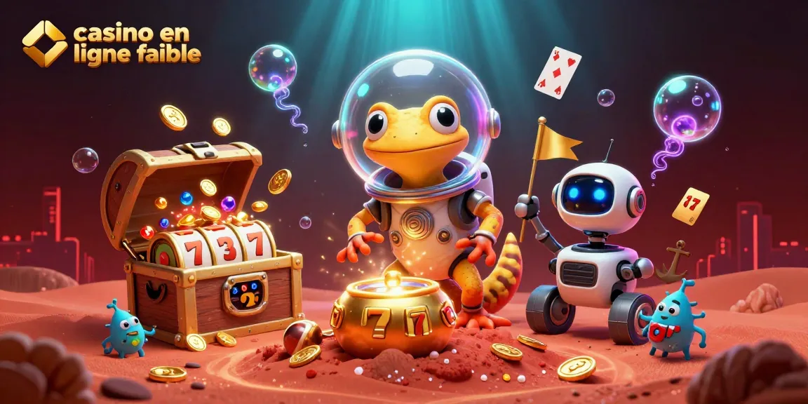 Découvrez un casino en ligne fiable avec un gecko martien et des machines à sous, rempli d'or.