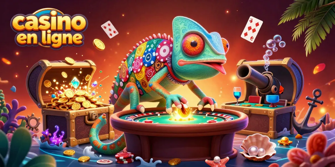 Plongez dans le monde du casino en ligne avec un chameleon géant captivant au milieu d'un océan de trésors.