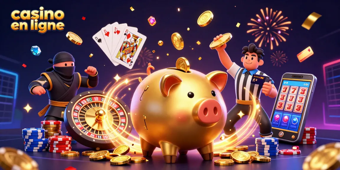 Jouer au casino en ligne avec des personnages animés sous une pluie de pièces et de gemmes scintillantes.