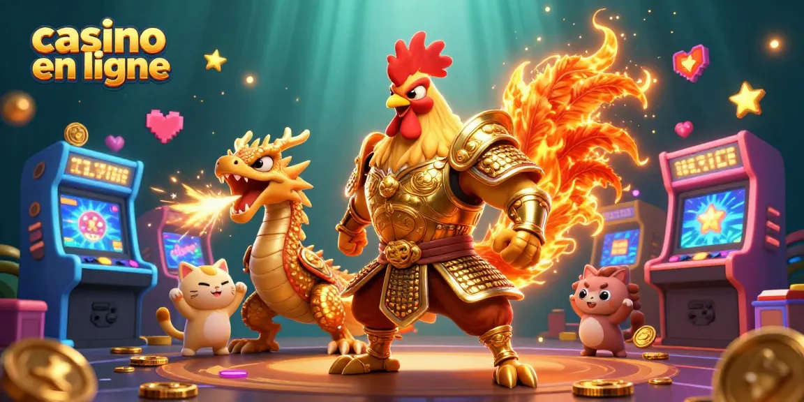 Jouez à casino en ligne avec un combattant coq et un dragon dans une scène dynamique colorée.
