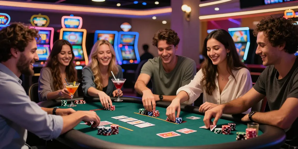 Des joueurs de casino en ligne souriants dans un environnement lumineux, profitant d'une partie de poker.
