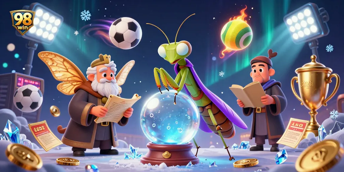 Engage with vibrant 98win casino elements featuring fortune teller, moth librarian, and sports balls in action.